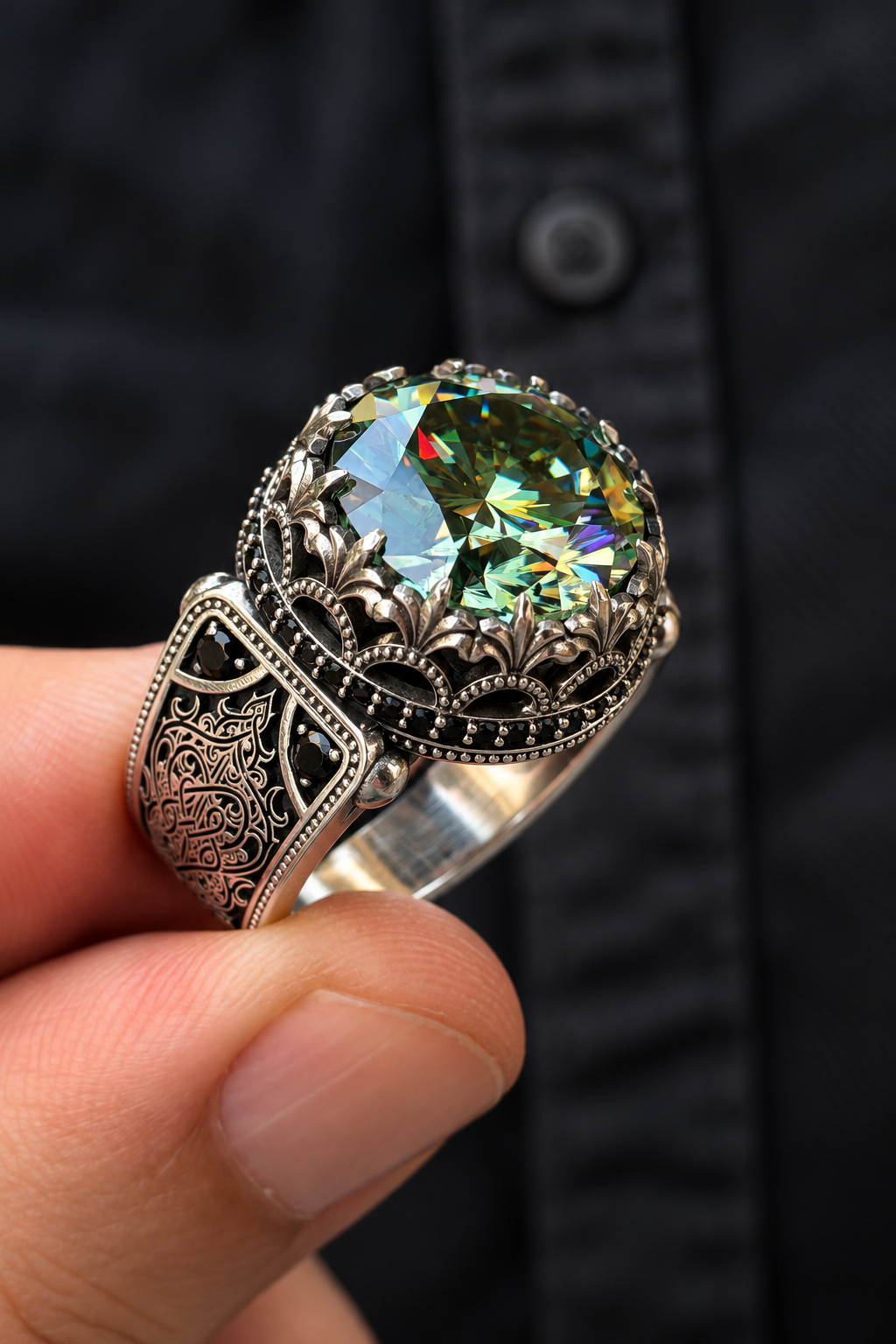 13 ct Mozanit Taşlı 925 Erkek Gümüş Yüzük