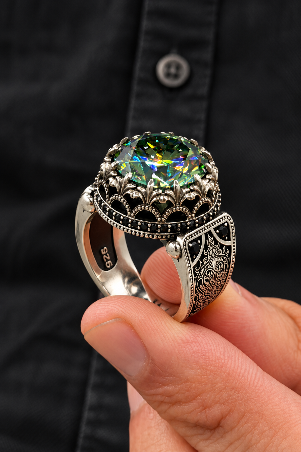 13 ct Mozanit Taşlı 925 Erkek Gümüş Yüzük