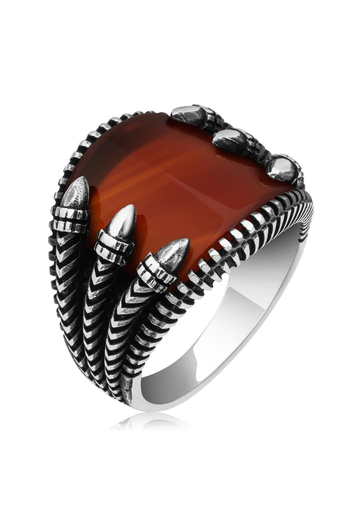 Akik Taşlı Pençeli 925 Gümüş Erkek Yüzük