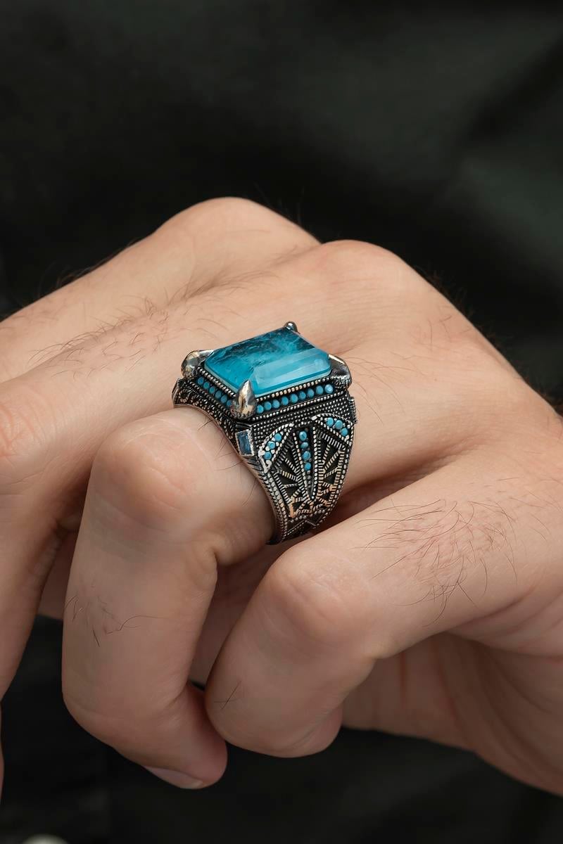 Kare Mavi Paraiba Taşlı 925 Gümüş Erkek Yüzük