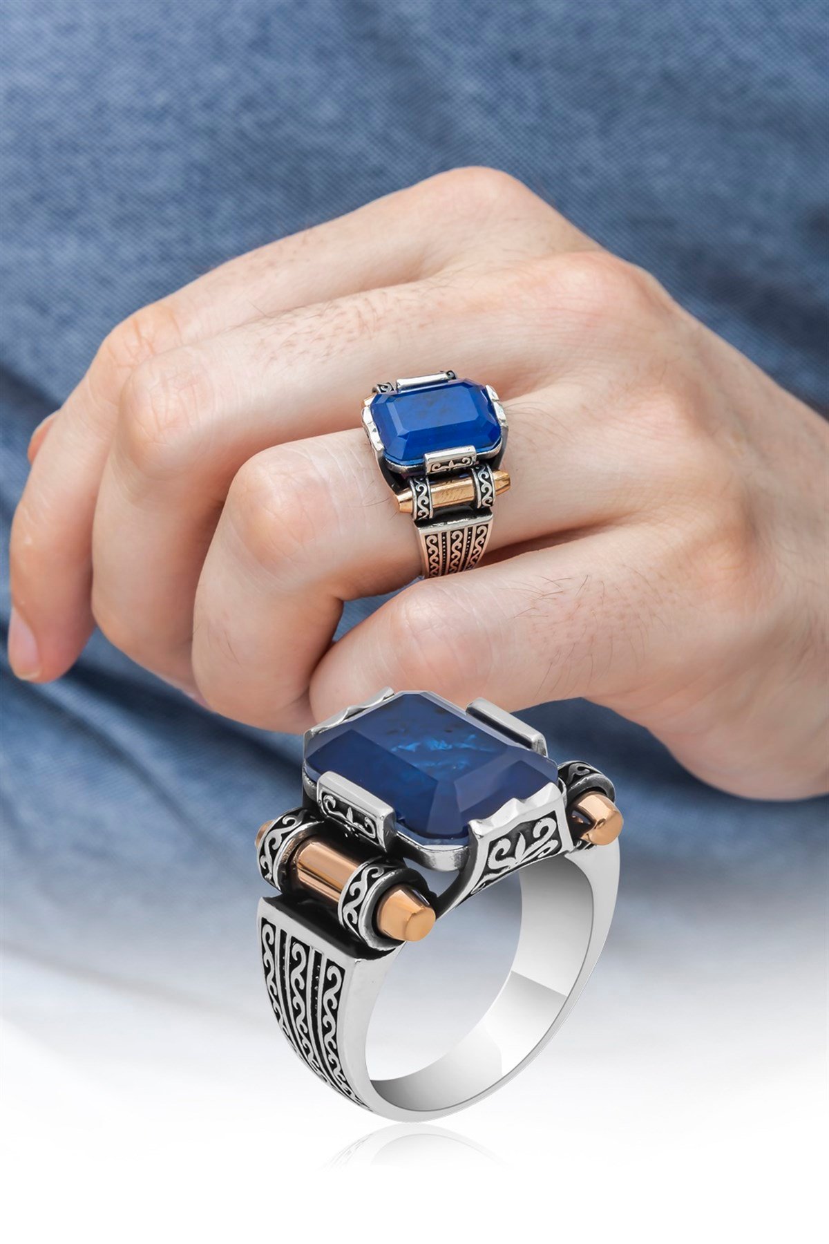 Kare Mavi Paraiba Taşlı 925 Gümüş Erkek Yüzük