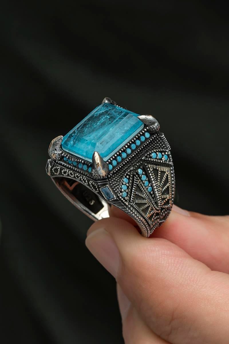 Kare Mavi Paraiba Taşlı 925 Gümüş Erkek Yüzük