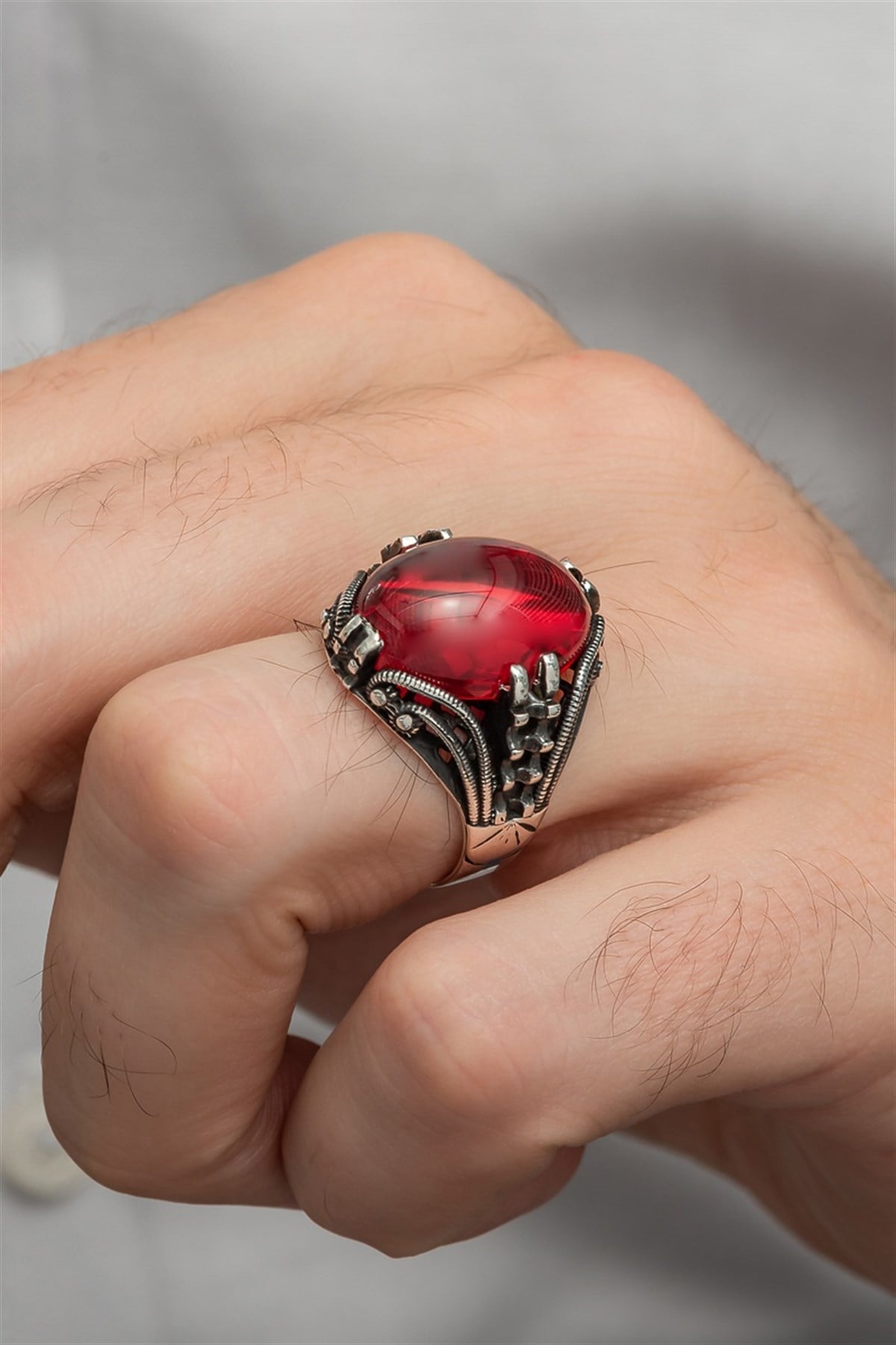 Kırmızı Lal Taşlı Oval 925 Gümüş Erkek Yüzük