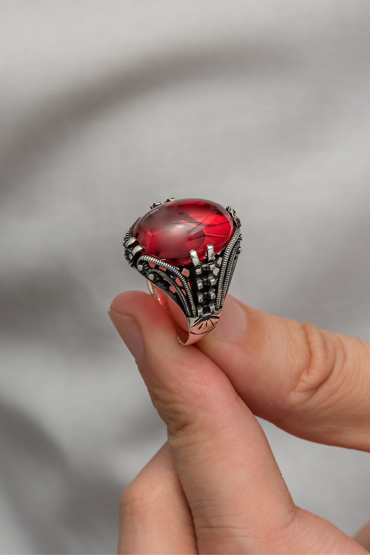 Kırmızı Lal Taşlı Oval 925 Gümüş Erkek Yüzük