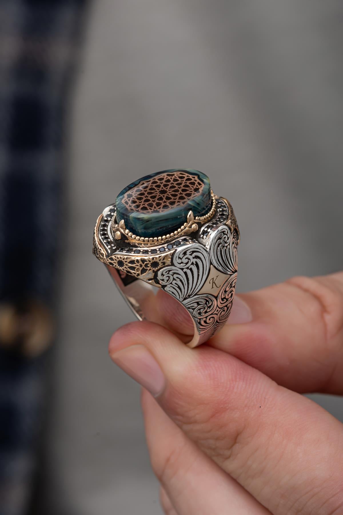 Mavi Taşlı Desenli 925 Gümüş Erkek Yüzük