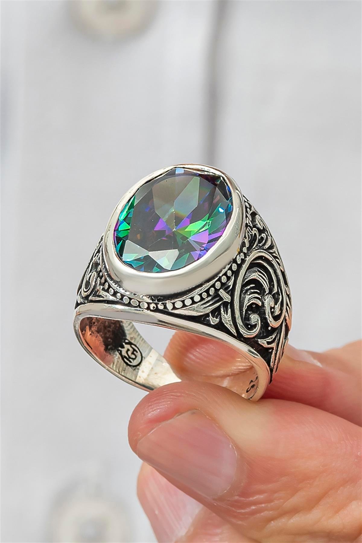 Mistik Topaz Taşlı 925 Gümüş Erkek Yüzük