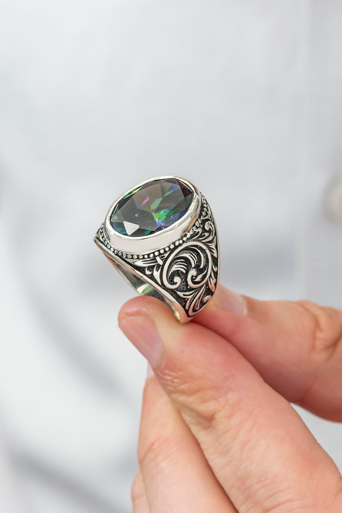 Mistik Topaz Taşlı 925 Gümüş Erkek Yüzük