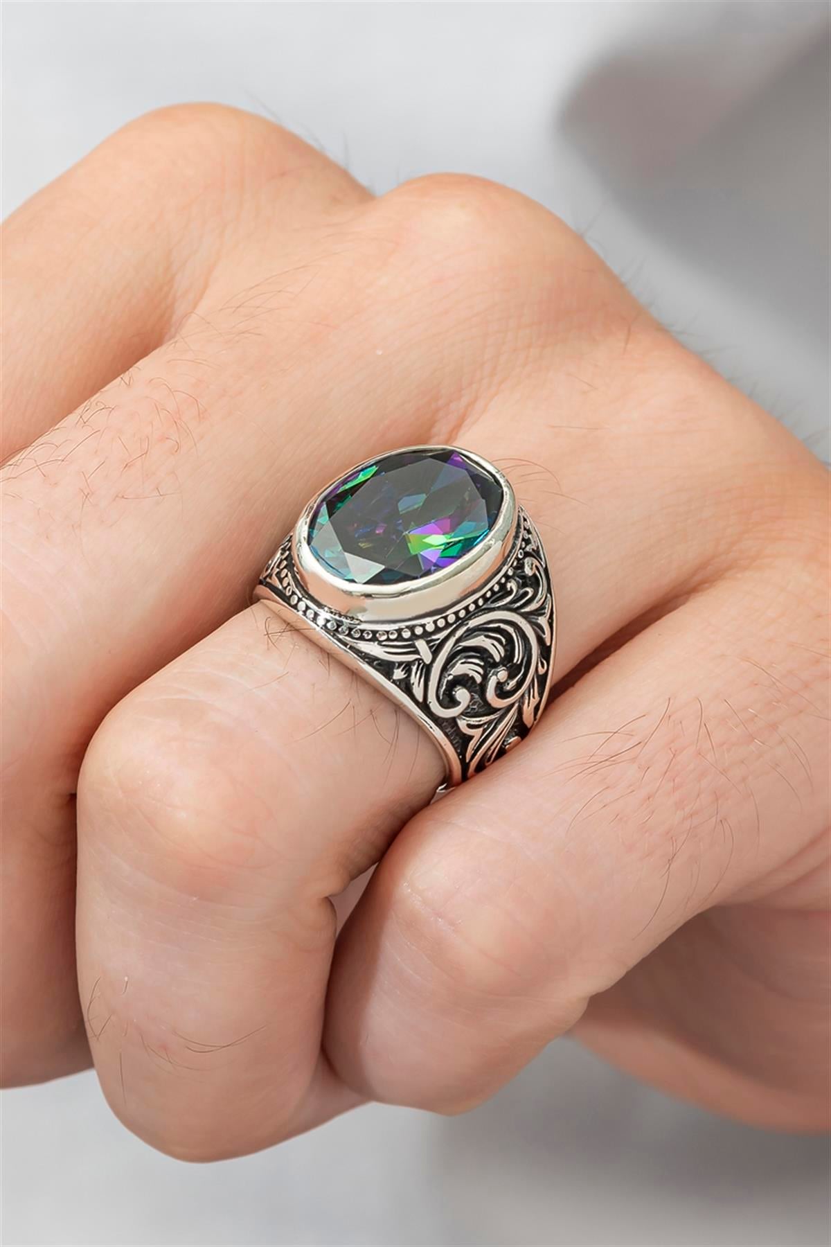 Mistik Topaz Taşlı 925 Gümüş Erkek Yüzük