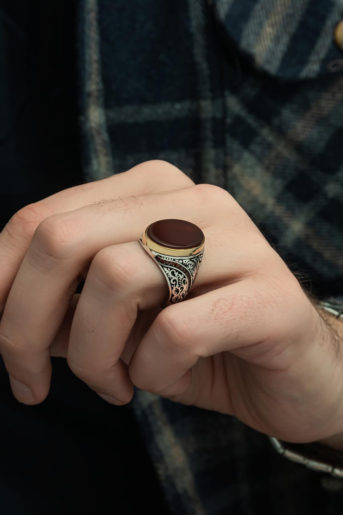 Oval Akik Taşlı 925 Gümüş Erkek Yüzük