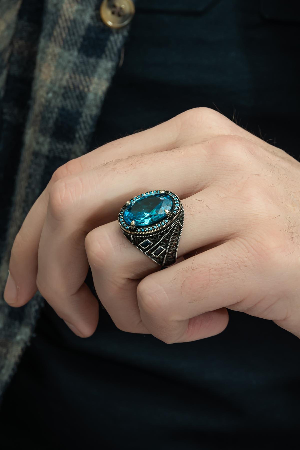 Oval Aqua Mavi Taşlı 925 Gümüş Erkek Yüzük