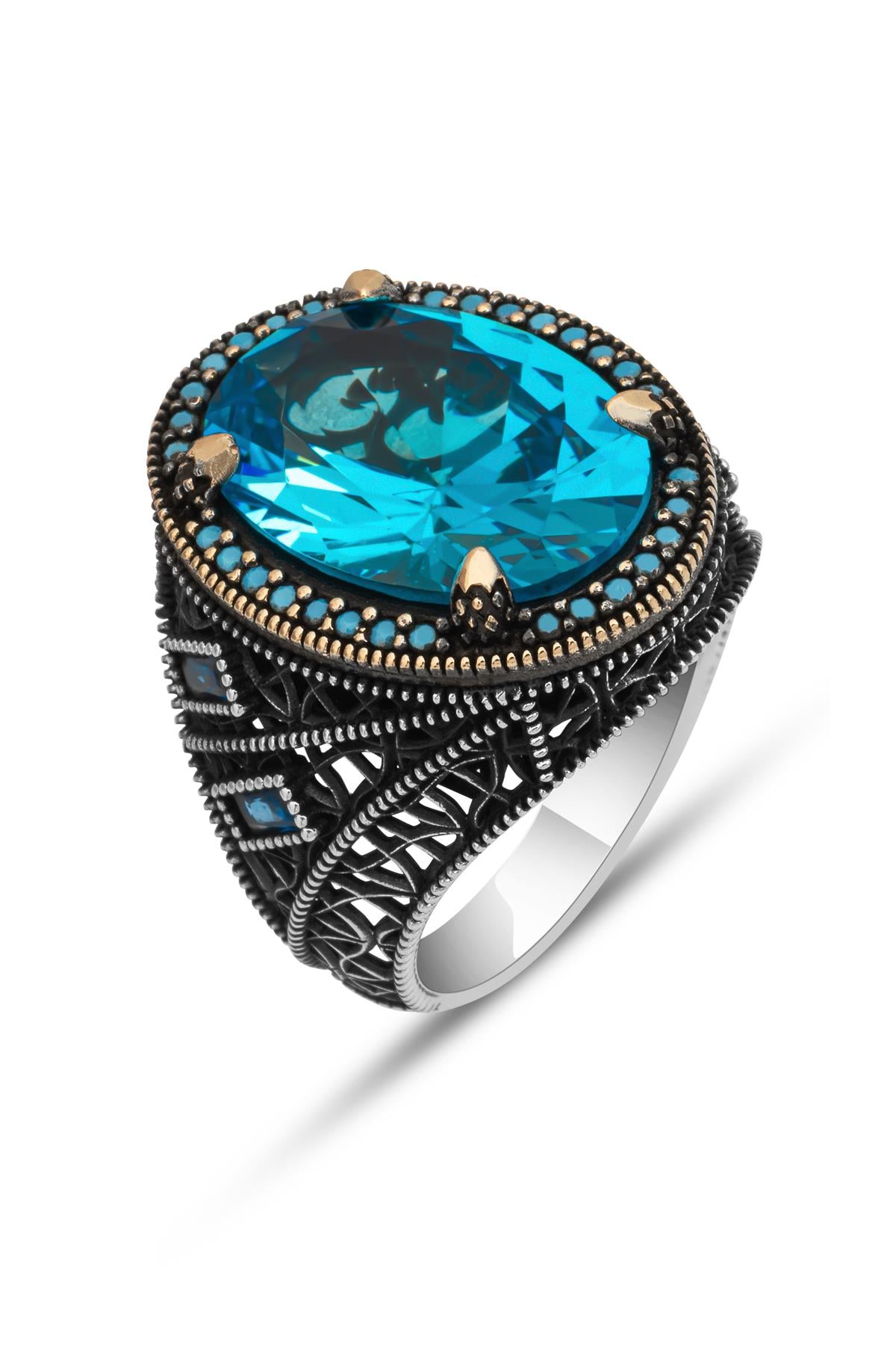Oval Aqua Mavi Taşlı 925 Gümüş Erkek Yüzük