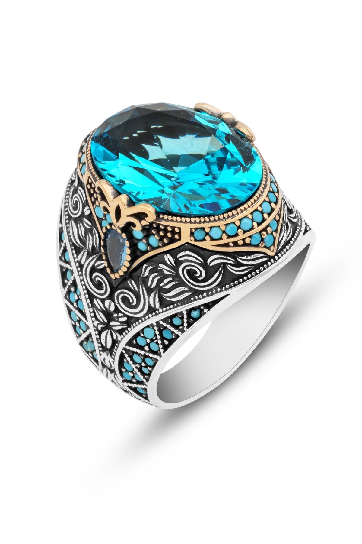Oval Aqua Mavi Taşlı 925 Gümüş Erkek Yüzük