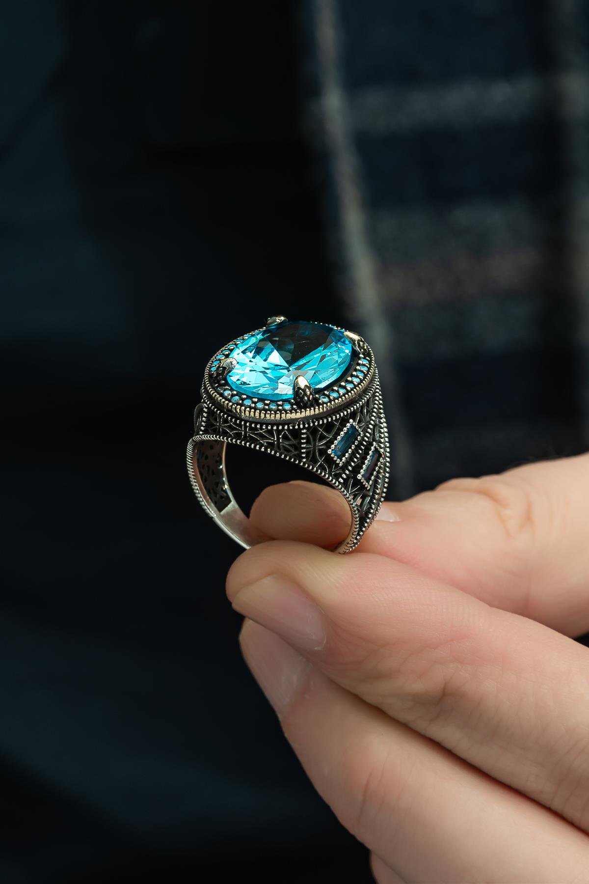 Oval Aqua Mavi Taşlı 925 Gümüş Erkek Yüzük