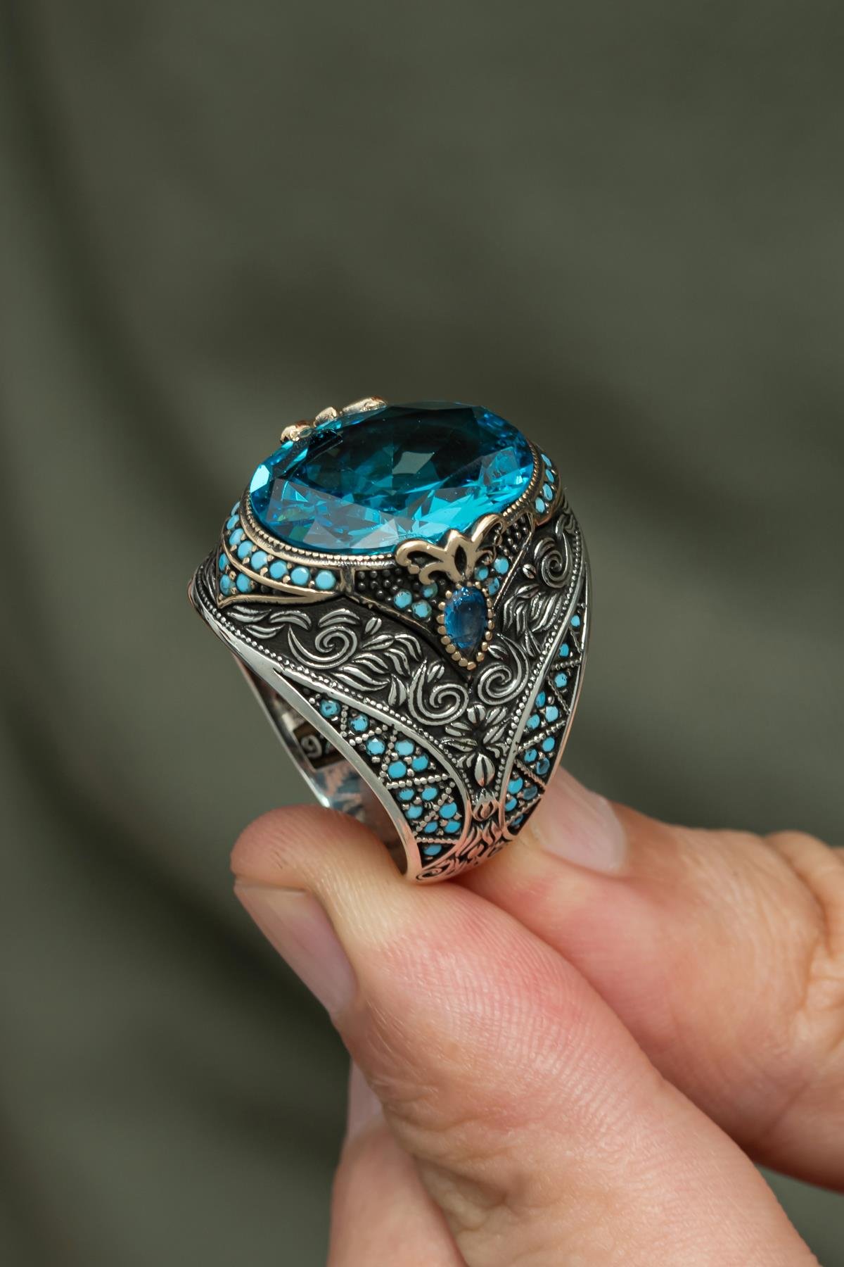 Oval Aqua Mavi Taşlı 925 Gümüş Erkek Yüzük