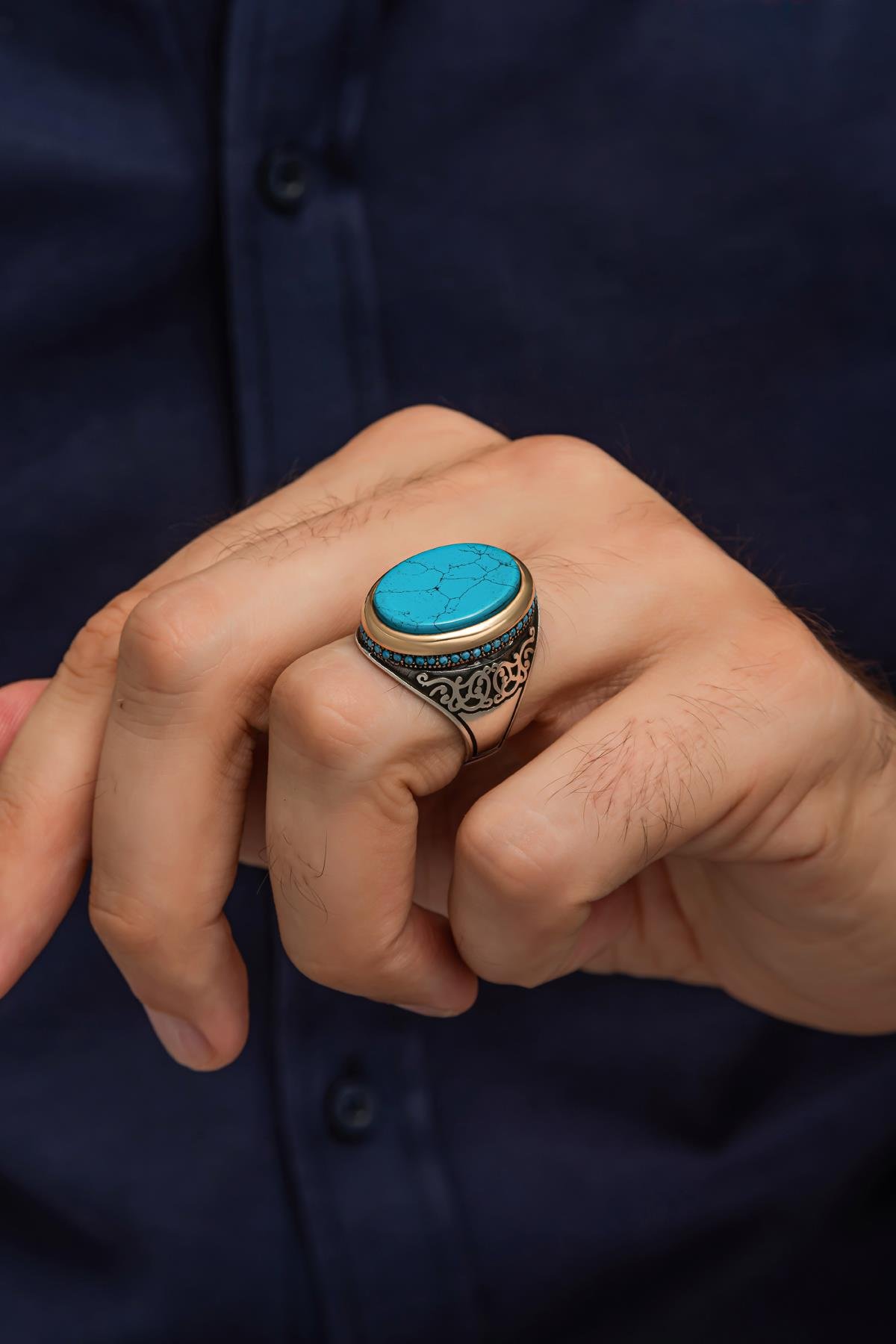 Oval Mavi Taşlı 925 Gümüş Erkek Yüzük