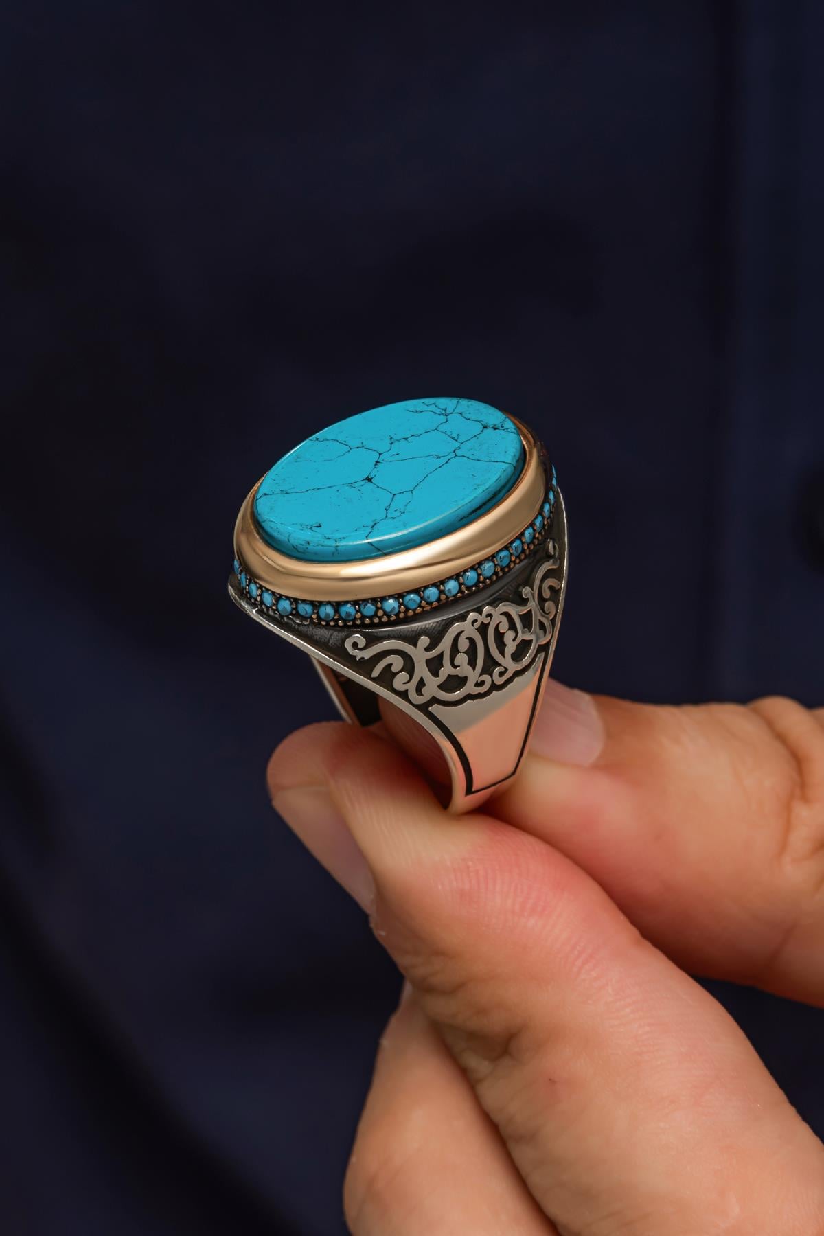Oval Mavi Taşlı 925 Gümüş Erkek Yüzük