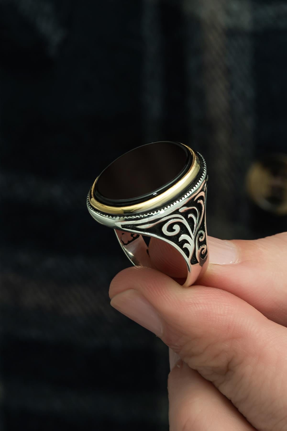 Oval Siyah Oniks Taşlı 925 Gümüş Erkek Yüzük