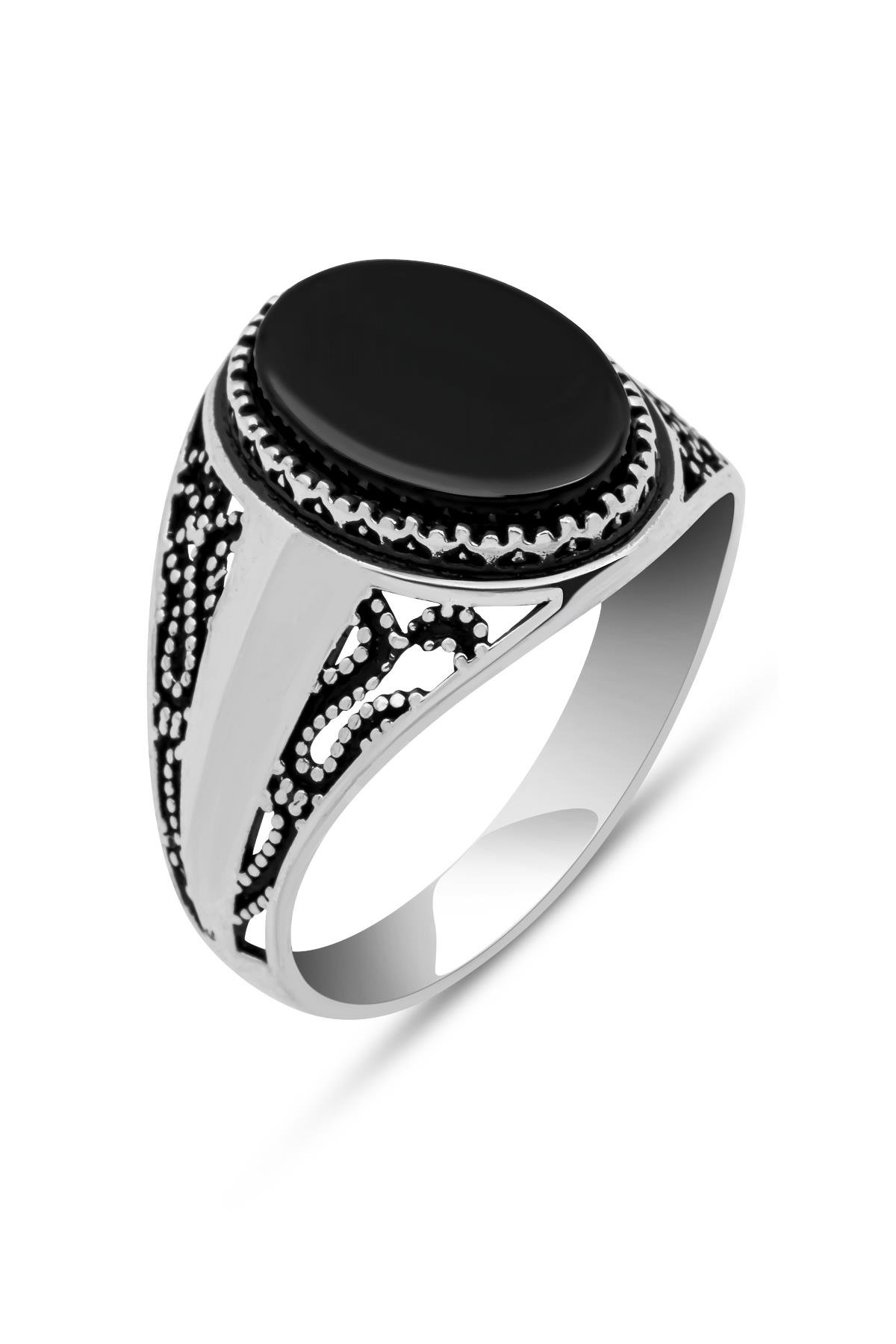 Oval Siyah Oniks Taşlı  925 Gümüş Erkek Yüzük