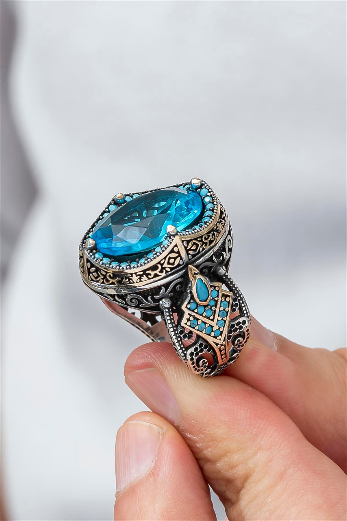 Yeni Tasarım Aqua ve Firuze Taşlı İşlemeli Gümüş Erkek Yüzük
