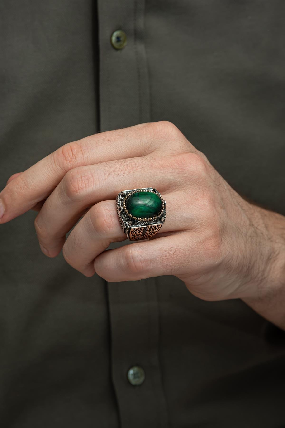 Yeşil Kaplan Gözü Taşlı 925 Gümüş Erkek Yüzük