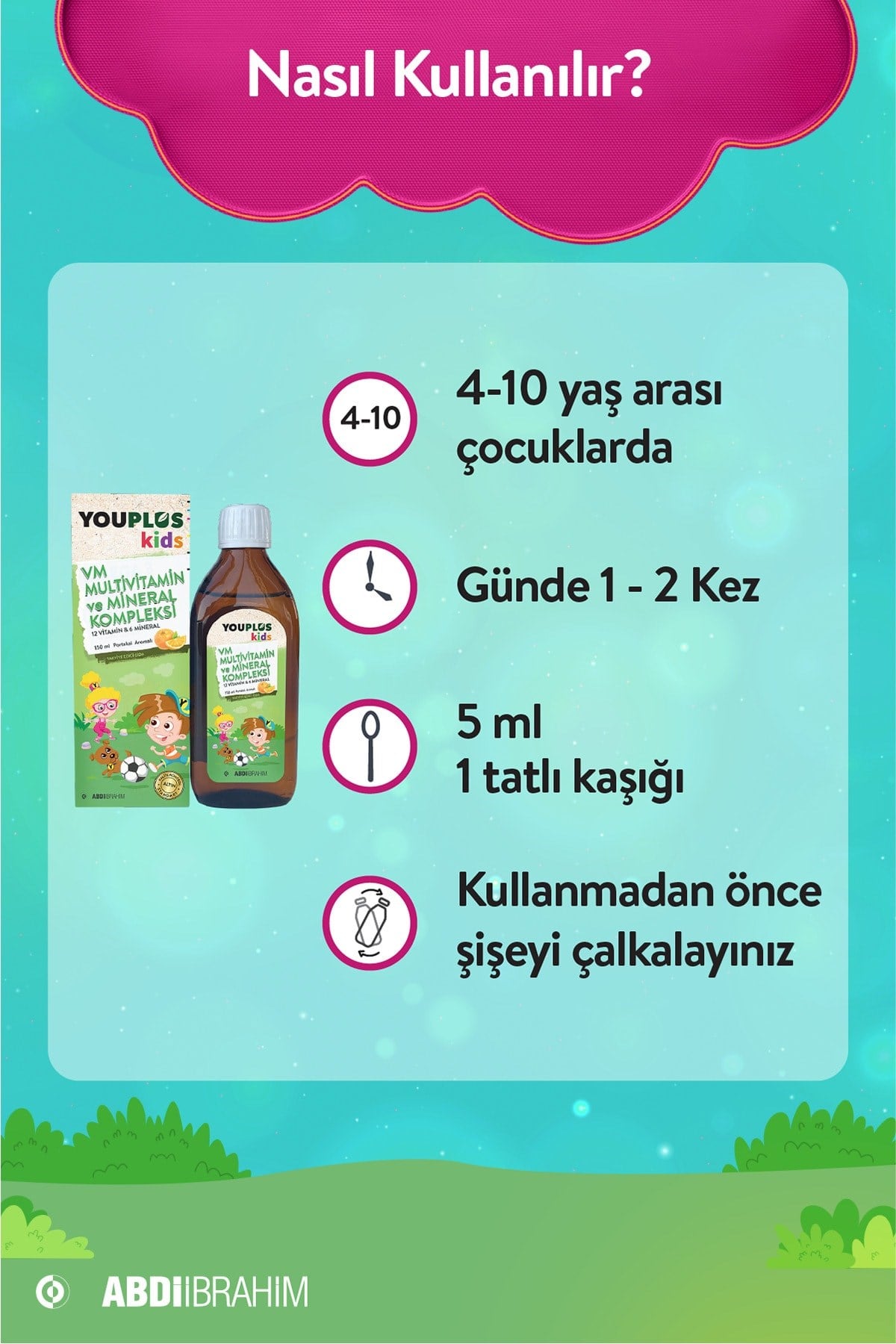 ABDİ İBRAHİMÇOCUKLAR İÇİN BESİN TAKVİYELERİYouplus Kids VM Multivitamin ve Mineral Kompleksi 150 ml