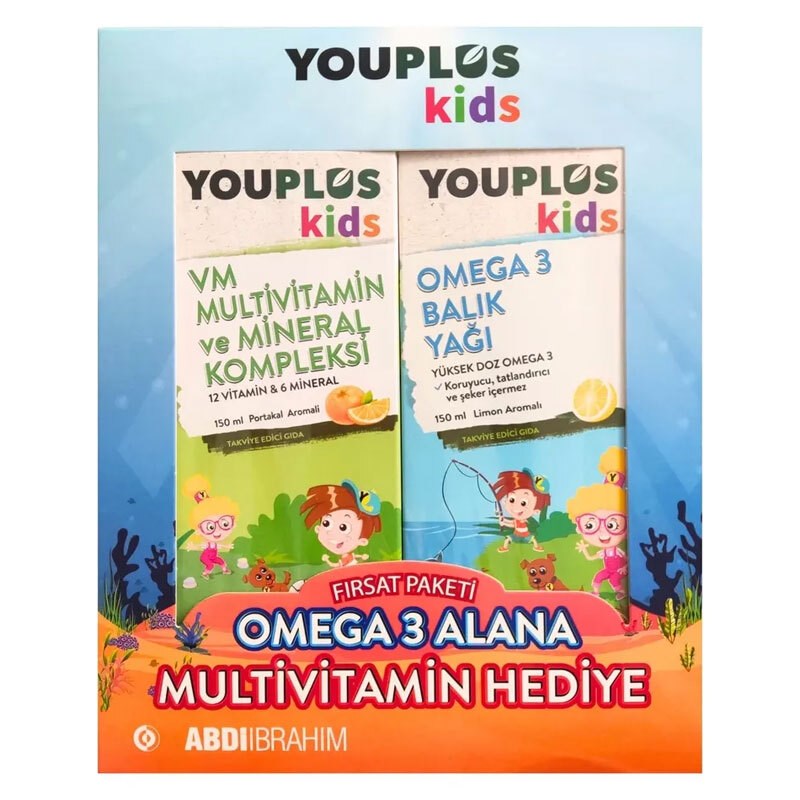 ABDİ İBRAHİMVİTAMİN-MİNERALLERYouplus Kids Omega 3 Balık Yağı 150 ml + Kids VM 150 ml - Omega 3 Alana Multivitamin Hediye Etiketli