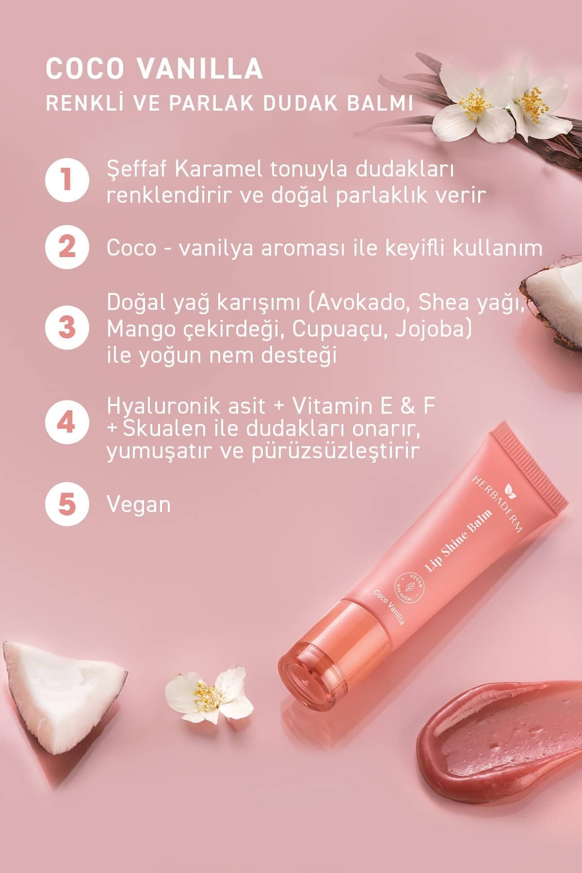 HerbadermDUDAK BAKIM ÜRÜNLERİHerbaderm Parlak Dudak Balmı Coco Vanilya Aromalı 10 ml (Charm Hediyeli)
