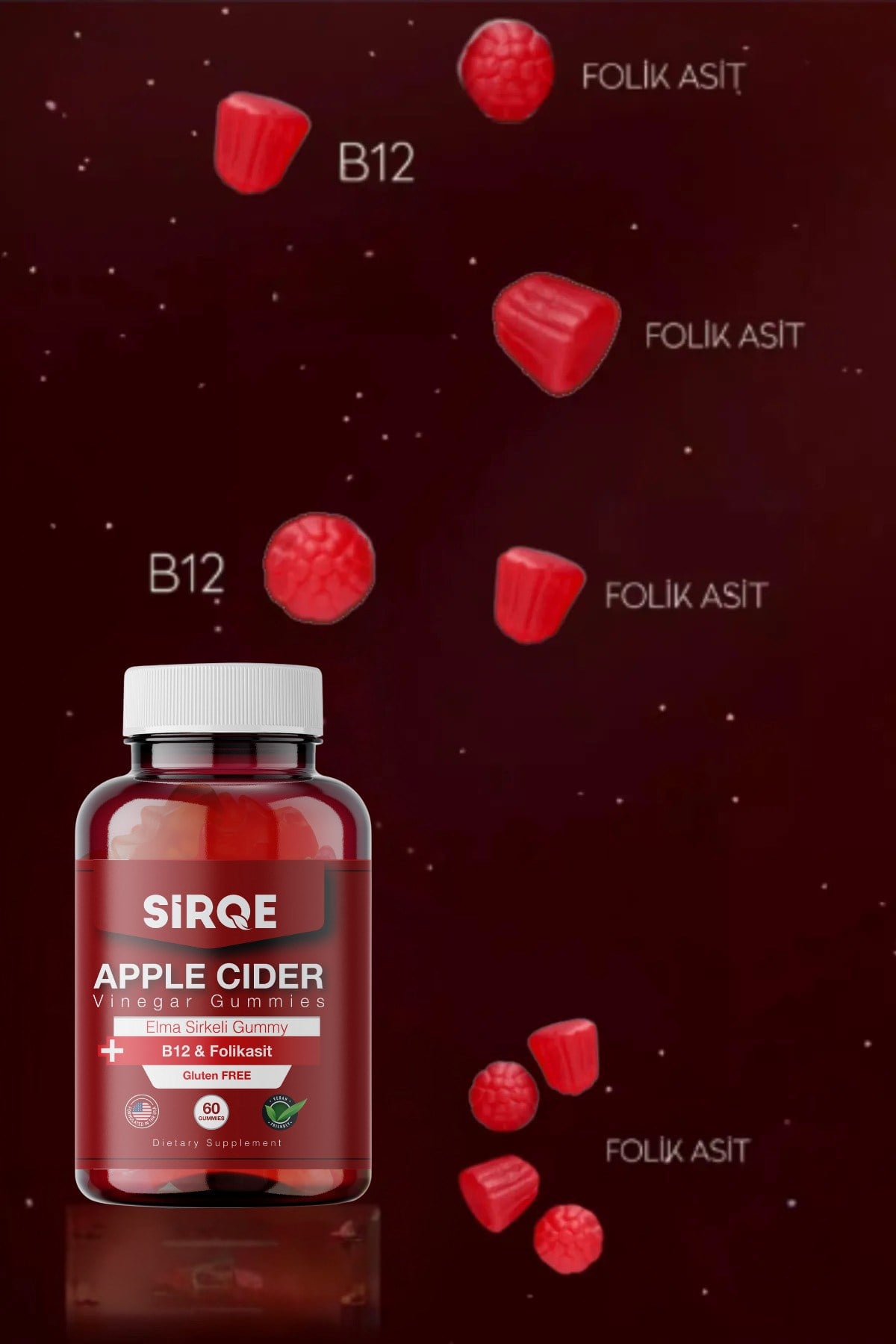 HES İLAÇVİTAMİN-MİNERALLERSirqe Elma Sirkeli B12 & Folik Asit Gummy 60 Adet Jelatinsiz Glütensiz Vegan ve Gdo'suz