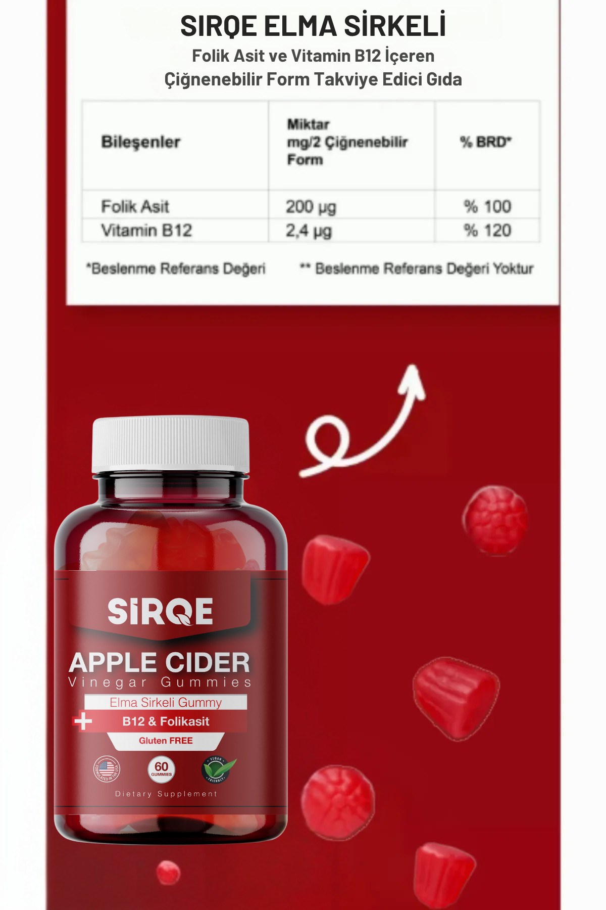 HES İLAÇVİTAMİN-MİNERALLERSirqe Elma Sirkeli B12 & Folik Asit Gummy 60 Adet Jelatinsiz Glütensiz Vegan ve Gdo'suz