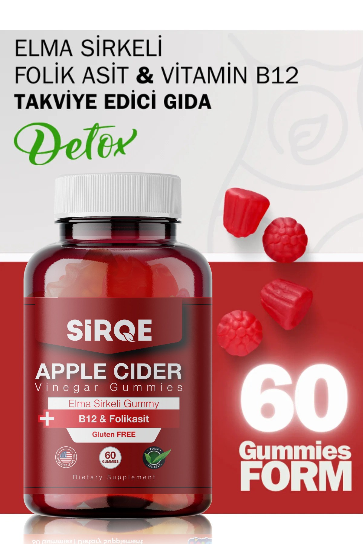 HES İLAÇVİTAMİN-MİNERALLERSirqe Elma Sirkeli B12 & Folik Asit Gummy 60 Adet Jelatinsiz Glütensiz Vegan ve Gdo'suz