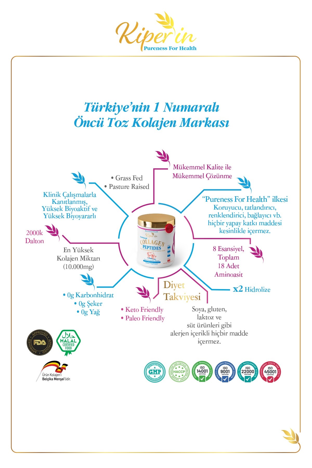 KİPERİNKOLAJENLERKiperin Collagen Toz Kolajen Peptitleri İçeren Diyet Takviyesi 500 gr
