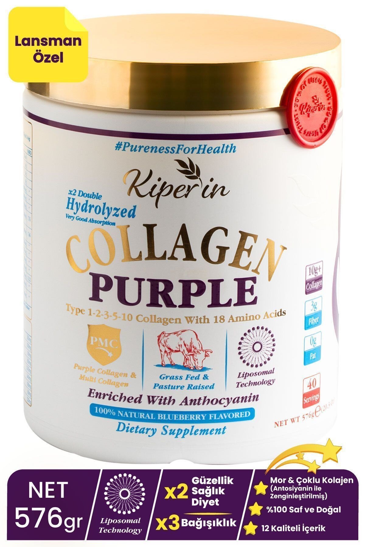 KİPERİNKOLAJENLERKiperin Purple Mor Collagen Toz 40 Günlük 575 gr