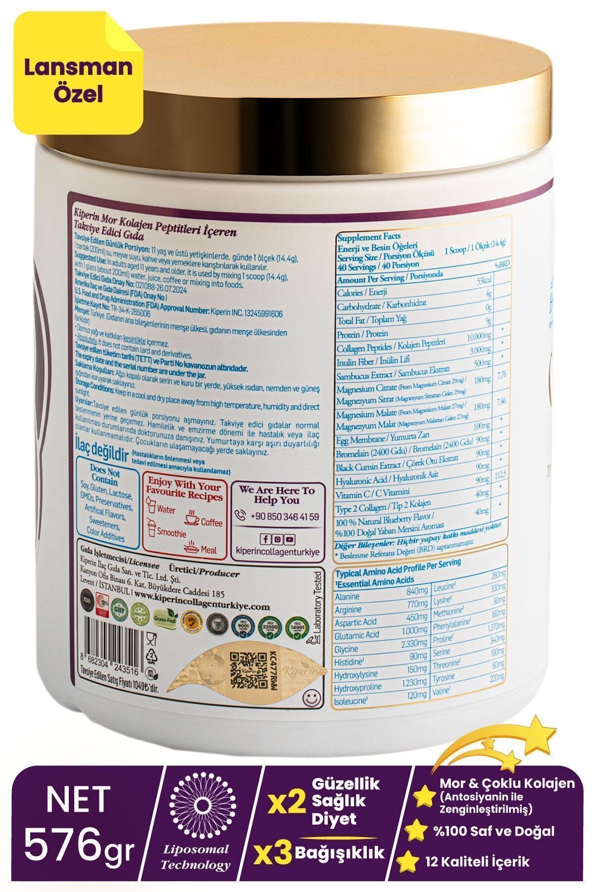 KİPERİNKOLAJENLERKiperin Purple Mor Collagen Toz 40 Günlük 575 gr