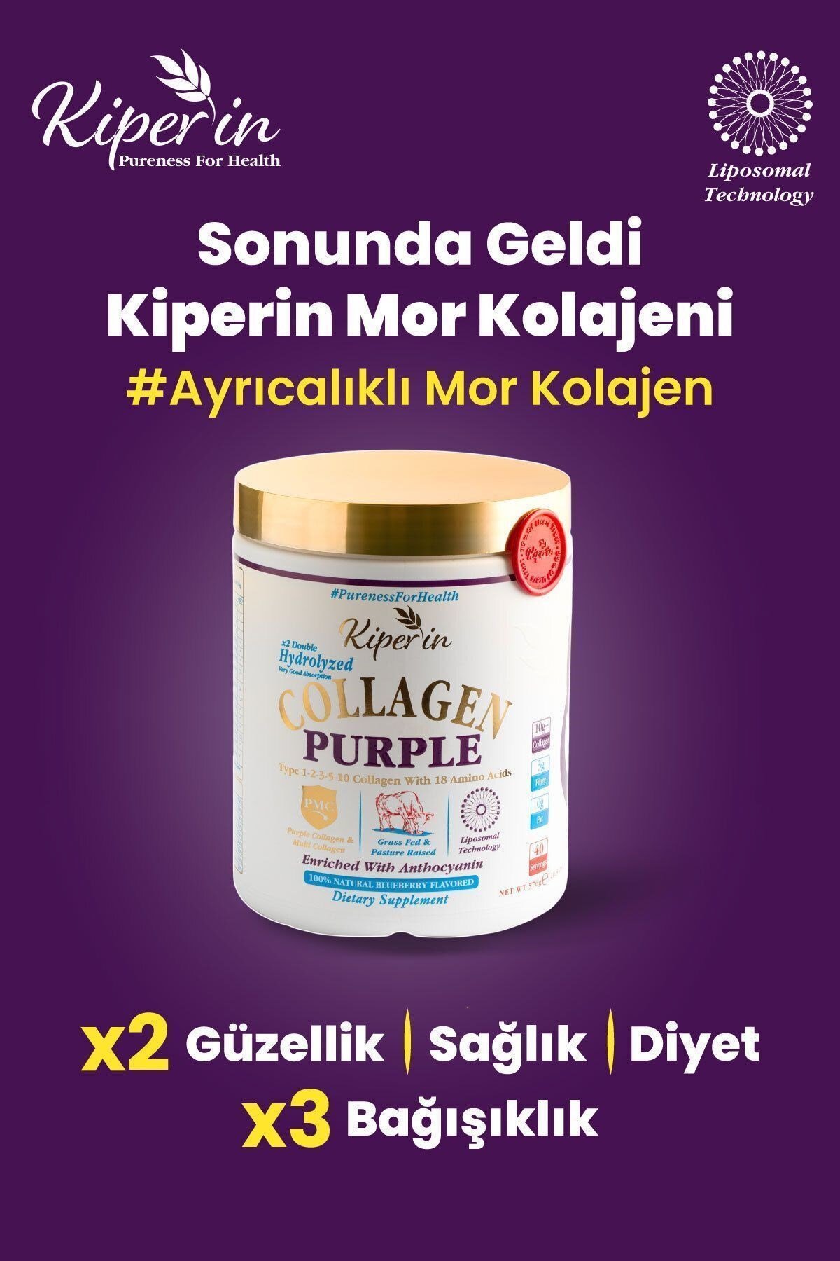 KİPERİNKOLAJENLERKiperin Purple Mor Collagen Toz 40 Günlük 575 gr