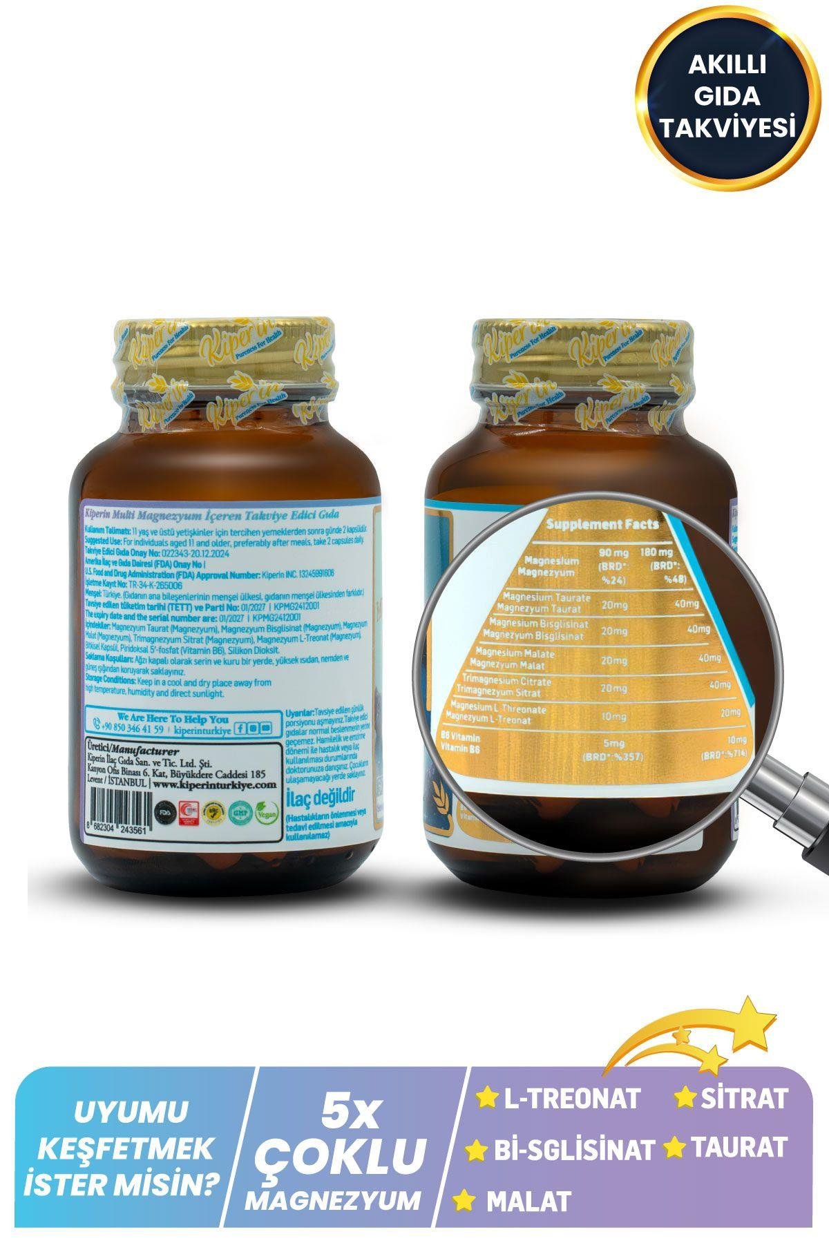 KİPERİNVİTAMİN-MİNERALLERKiperin 5x Çoklu Magnezyum Taurat Bisglisinat Malat Sitrat L-Treonat Akıllı Gıda Takviyesi 60 Kapsül