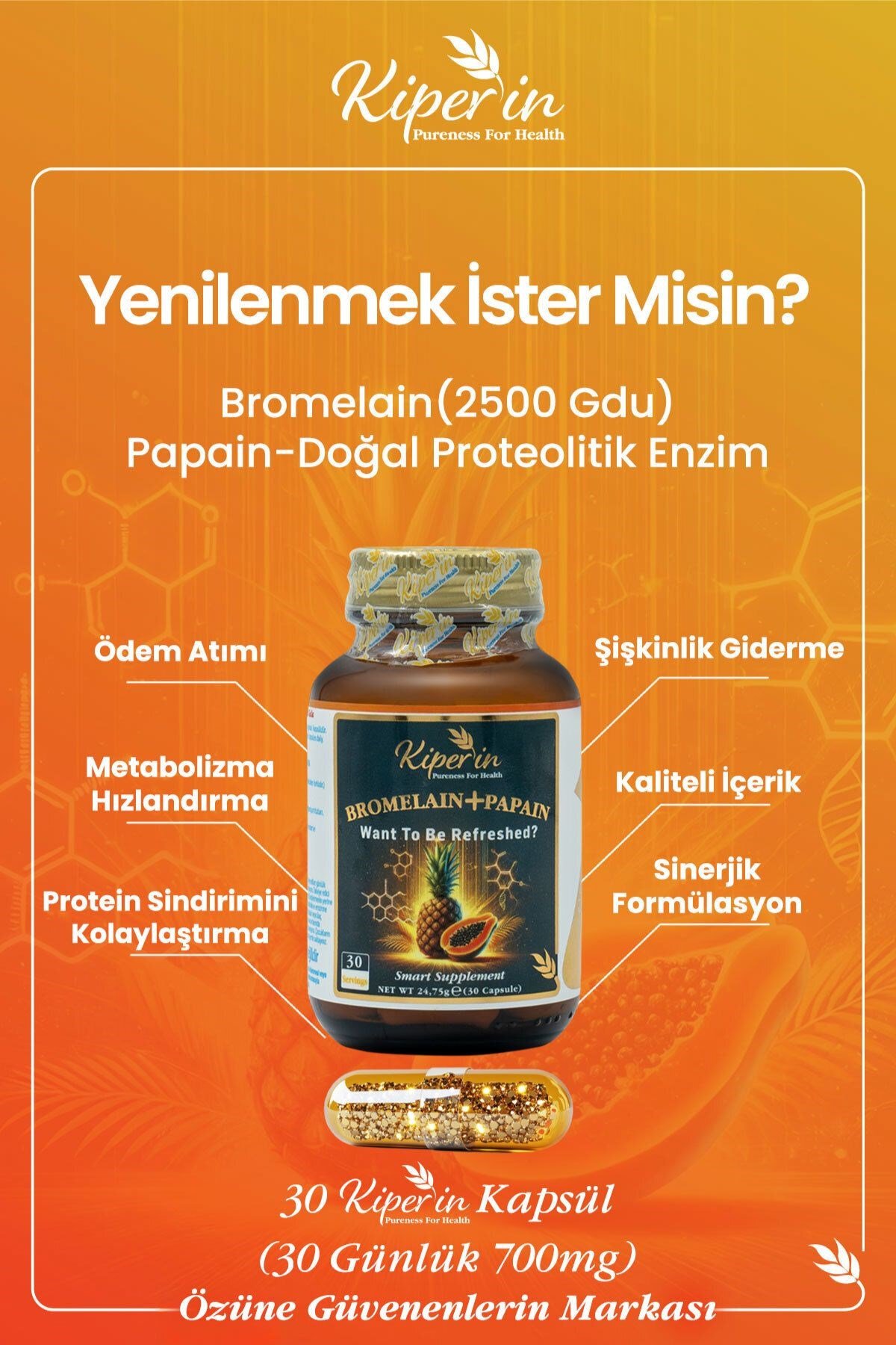 KİPERİNVİTAMİN-MİNERALLERKiperin Bromelain+ Papain 30 Kapsül