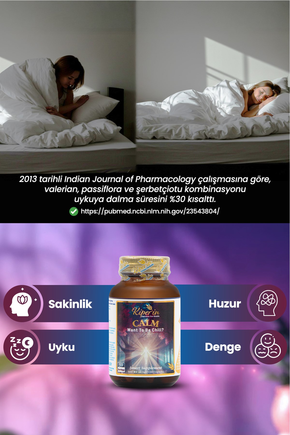 KİPERİNVİTAMİN-MİNERALLERKiperin Calm Relax Passiflora Safran Valerian HTP İçeren Akıllı Gıda Takviyesi 30 Kapsül