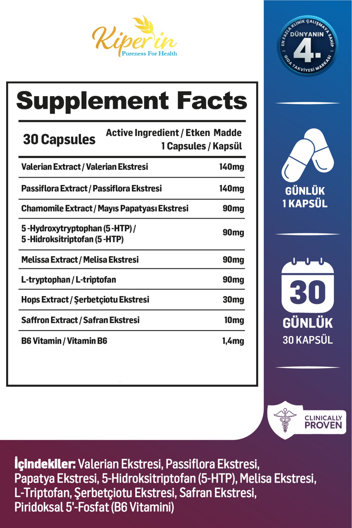 KİPERİNVİTAMİN-MİNERALLERKiperin Calm Relax Passiflora Safran Valerian HTP İçeren Akıllı Gıda Takviyesi 30 Kapsül
