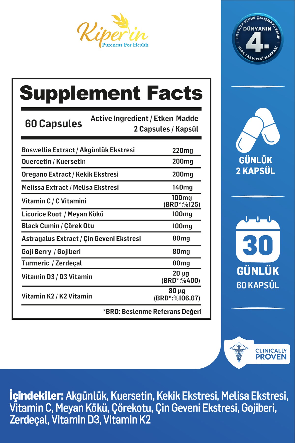 KİPERİNVİTAMİN-MİNERALLERKiperin Eigrela Kuersetin, Kekik, Astragalus, Çörek Otu, Akgünlük 60 Kapsül