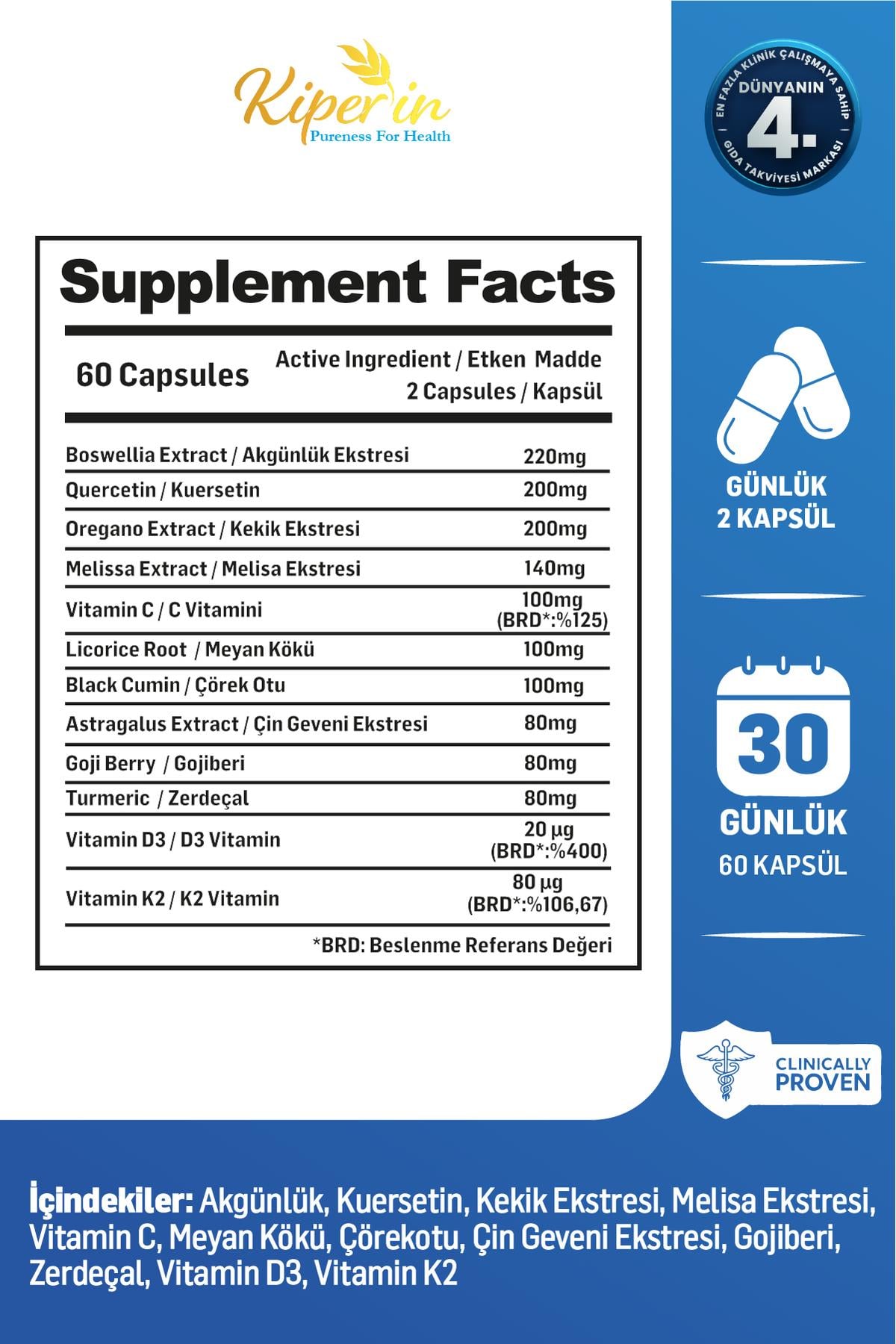 KİPERİNVİTAMİN-MİNERALLERKiperin Eigrela Kuersetin, Kekik, Astragalus, Çörek Otu, Akgünlük 60 Kapsül