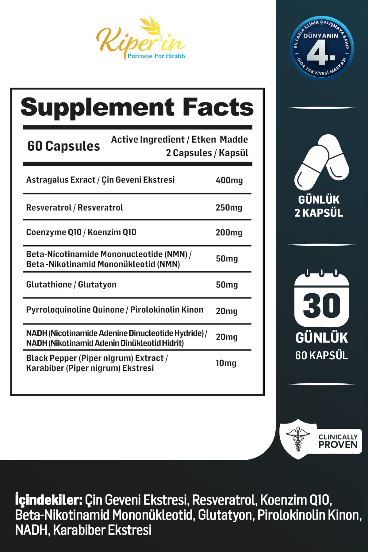 KİPERİNVİTAMİN-MİNERALLERKiperin Elixea Longevity  Resveratrol, Glutatyon, Koenzim Q10, NMN, NADH, PQQ 60 Kapsül