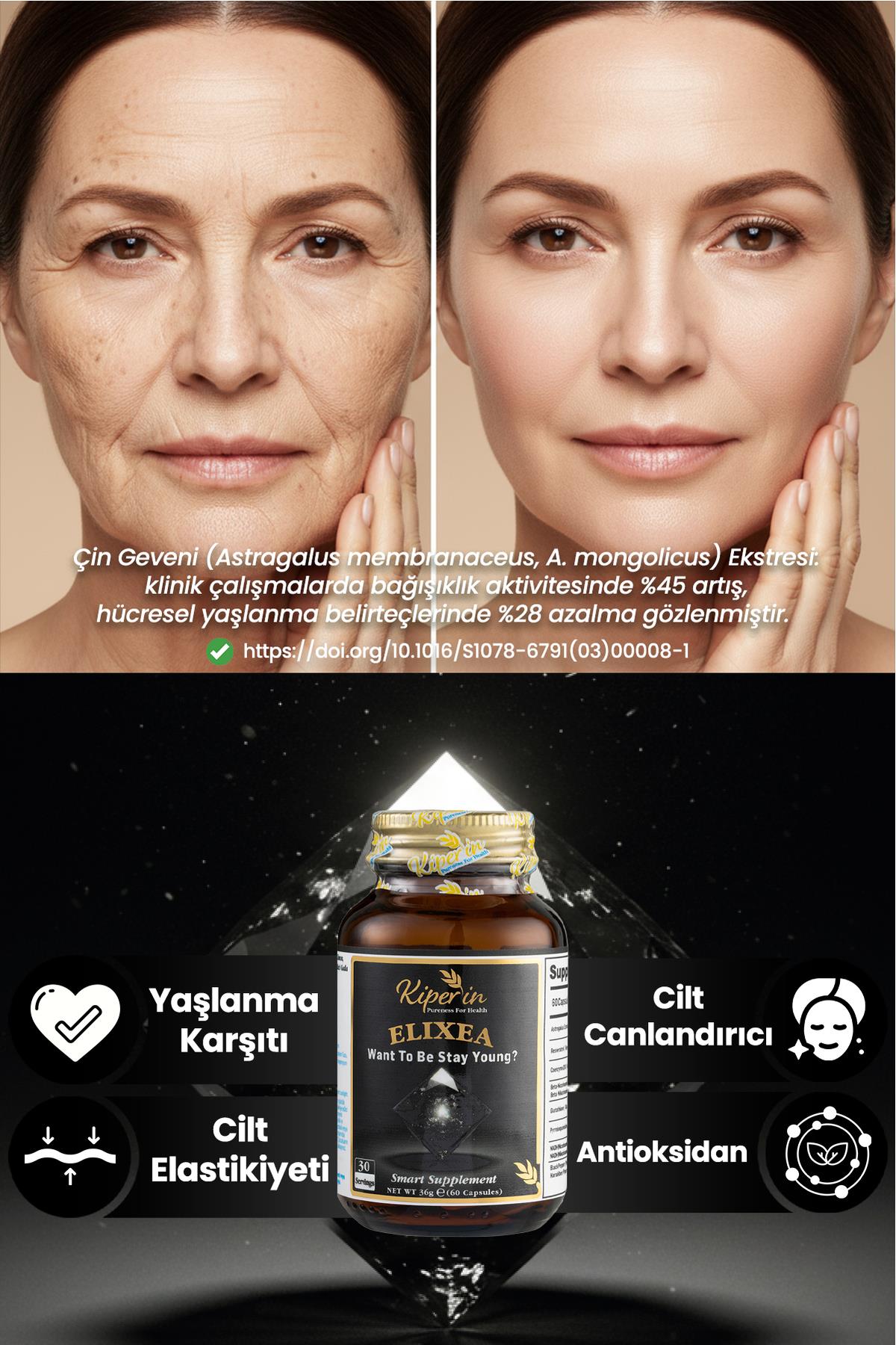 KİPERİNVİTAMİN-MİNERALLERKiperin Elixea Longevity  Resveratrol, Glutatyon, Koenzim Q10, NMN, NADH, PQQ 60 Kapsül