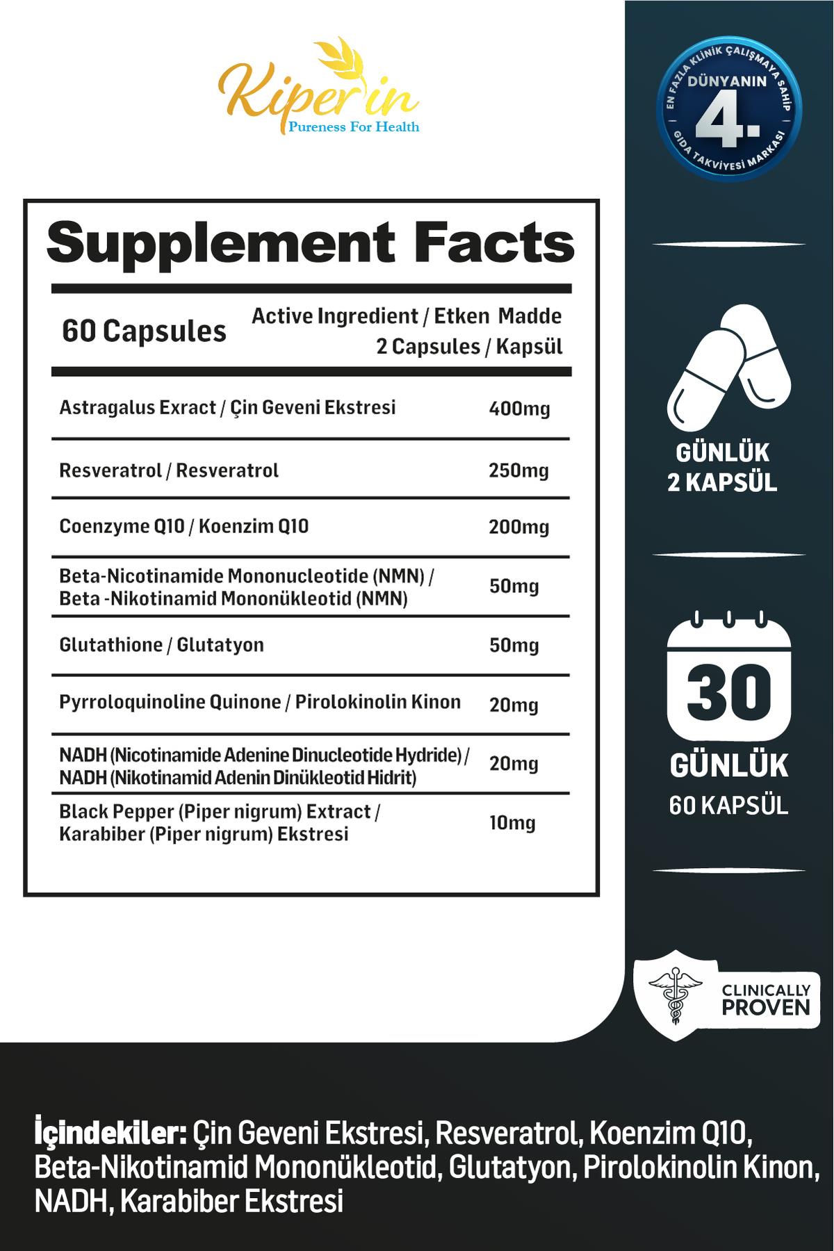 KİPERİNVİTAMİN-MİNERALLERKiperin Elixea Longevity  Resveratrol, Glutatyon, Koenzim Q10, NMN, NADH, PQQ 60 Kapsül