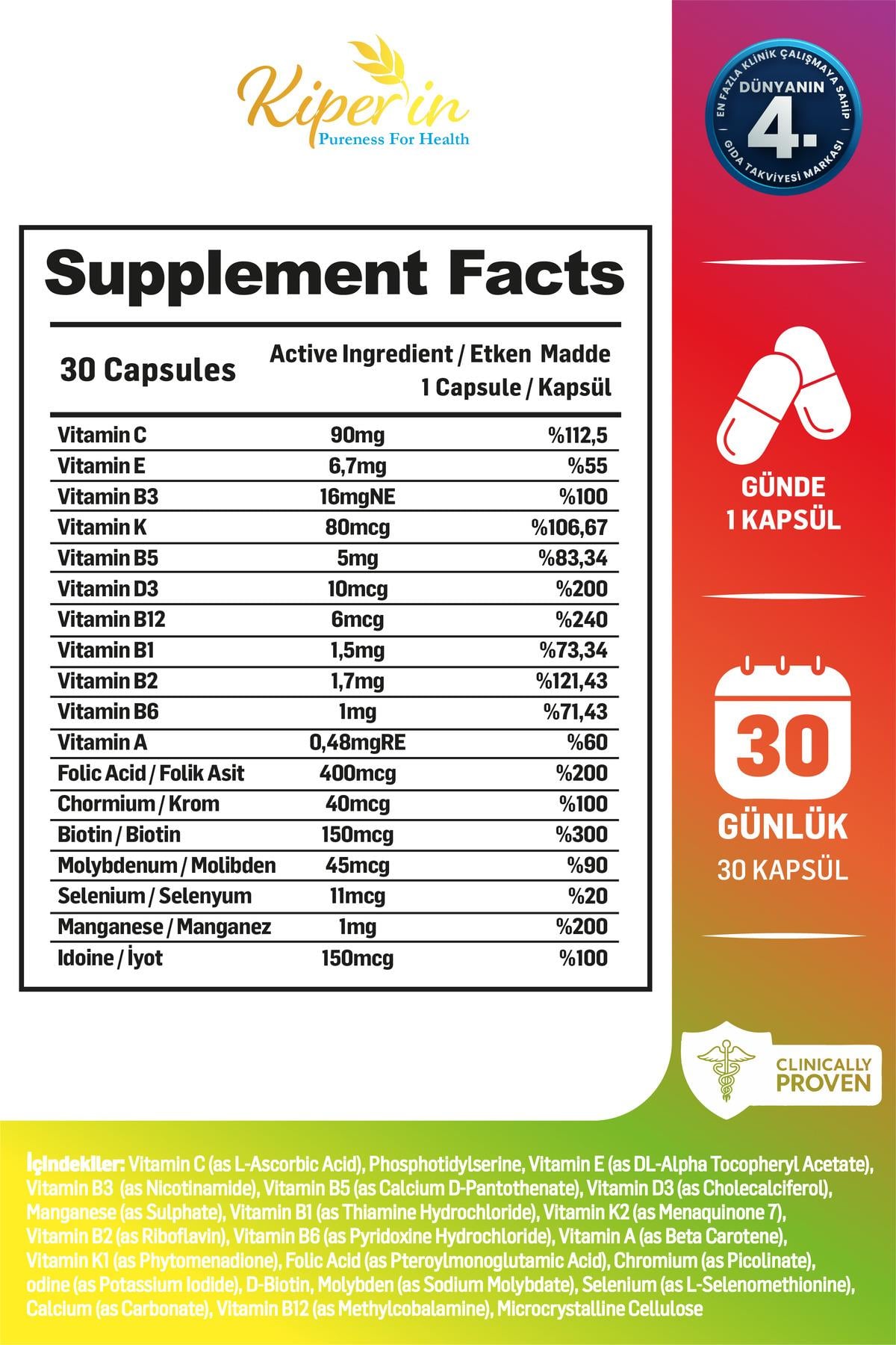 KİPERİNVİTAMİN-MİNERALLERKiperin Lipozomal Multivitamin 13 Vitamin & 6 Mineral Cilt - Saç - Tırnak & Enerji 30 Kapsül