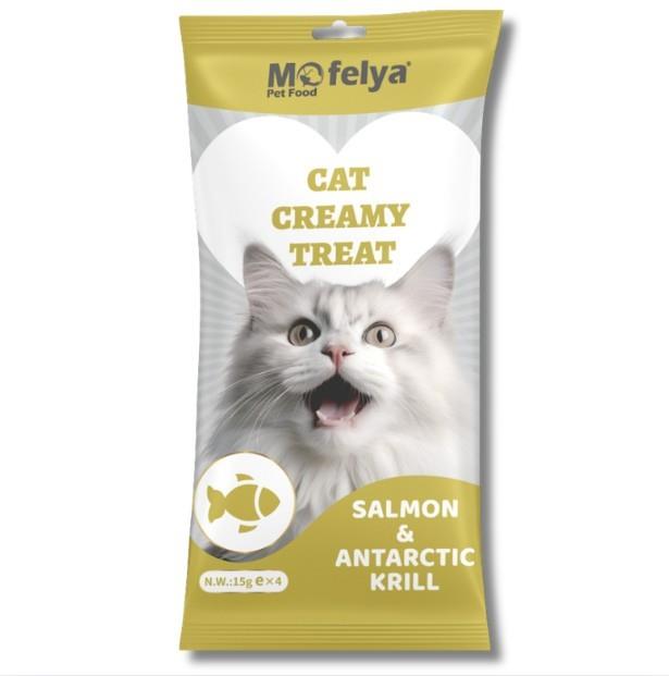 MOFELYASEVİMLİ DOSTLARIMIZMofelya Yüksek Proteinli Somonlu & Antartika Krilli Krem Kedi Ödül Maması 15 gr 4'lü