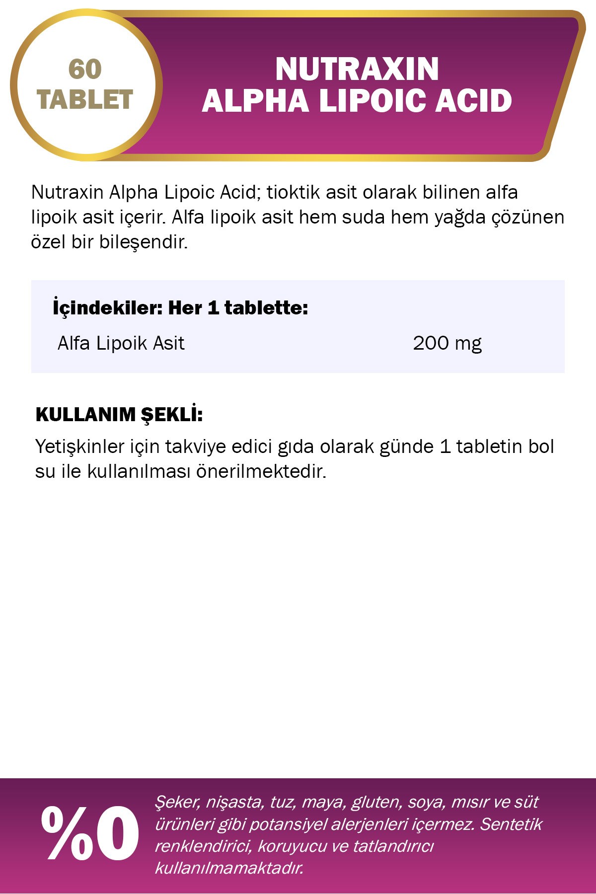 NUTRAXINBESİN TAKVİYELERİNutraxin Alpha Lipoic Acid 200 mg 60 Tablet