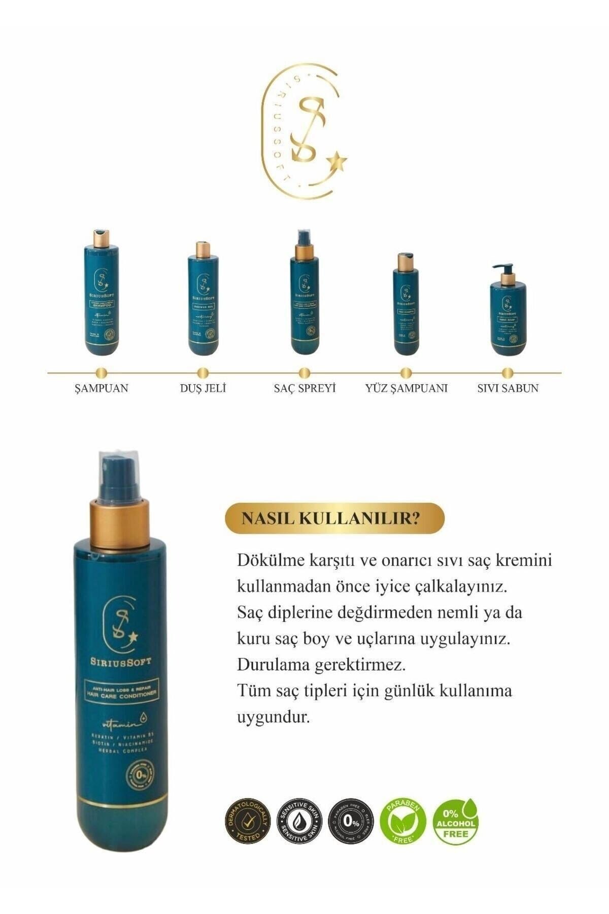 SiriusSoftŞAMPUANLARSiriusSoft Besleyici Saç Spreyi Dökülme Karşıtı ve Onarıcı Durulanmayan Sprey Saç Kremi 200 ml