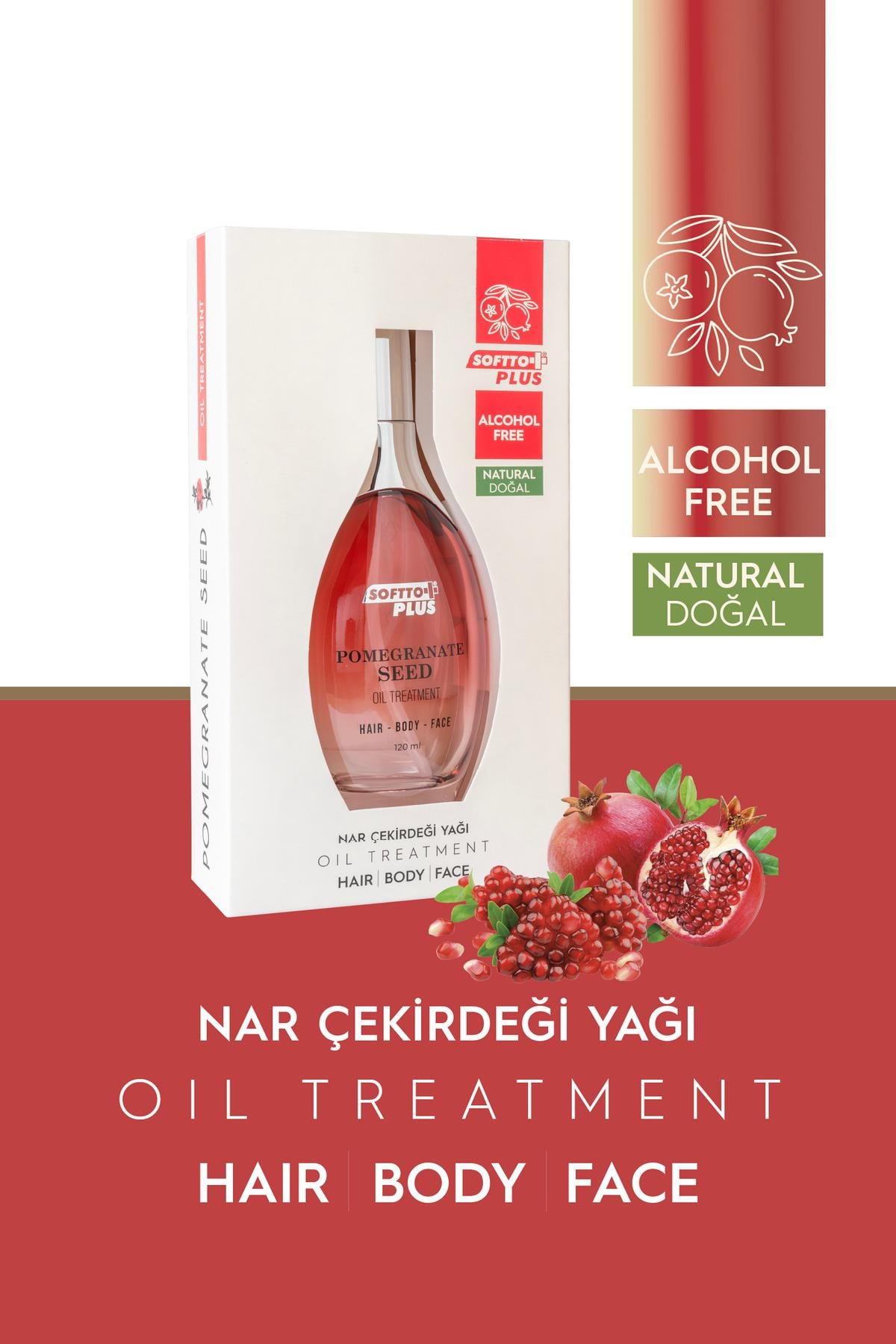 SOFTTONEMLENDİRİCİLERSoftto Plus Nar Cilde Parlaklık ve Canlılık Kazandıran Saç Yüz ve Vücut Yağı 120 ml
