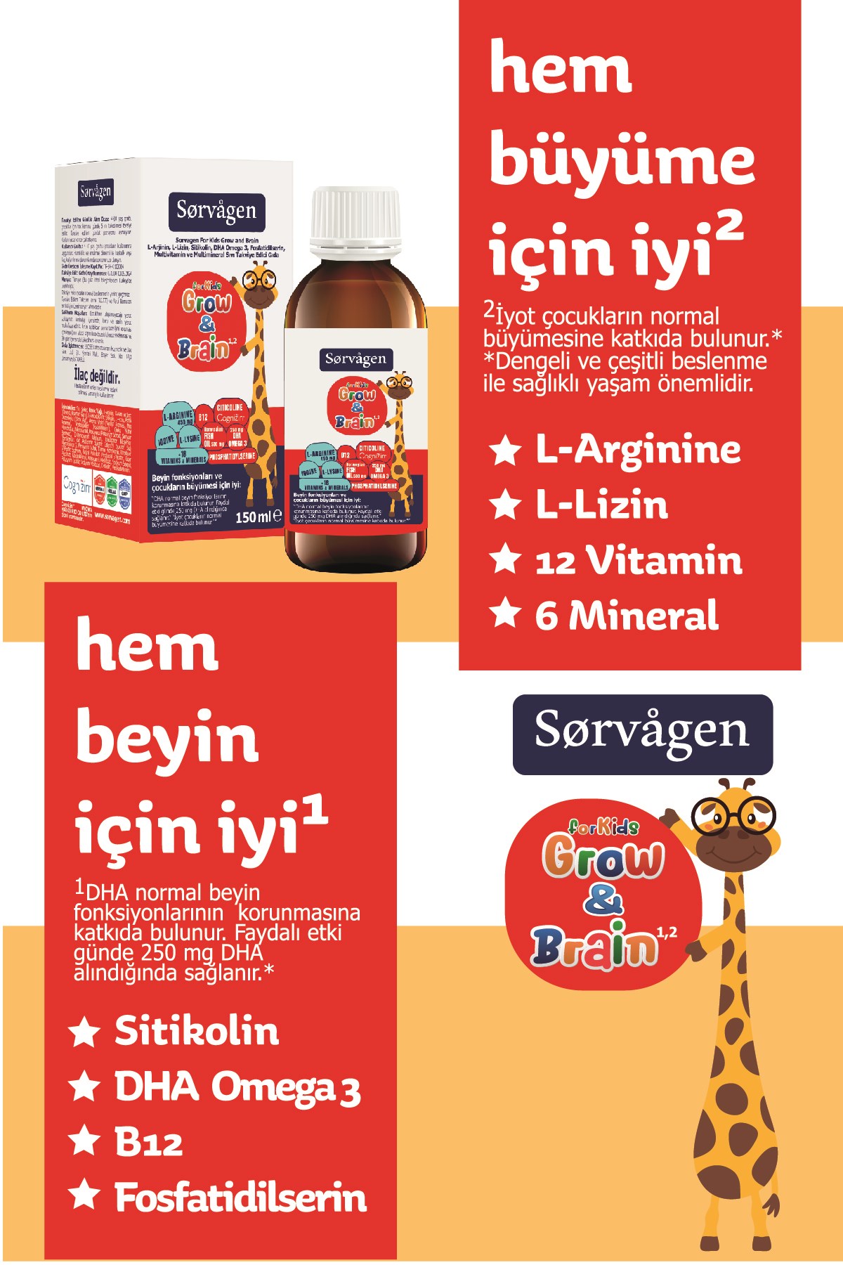 SORVAGENÇOCUKLAR İÇİN BESİN TAKVİYELERİSorvagen Grow Brain For Kids Sıvı 150 ml