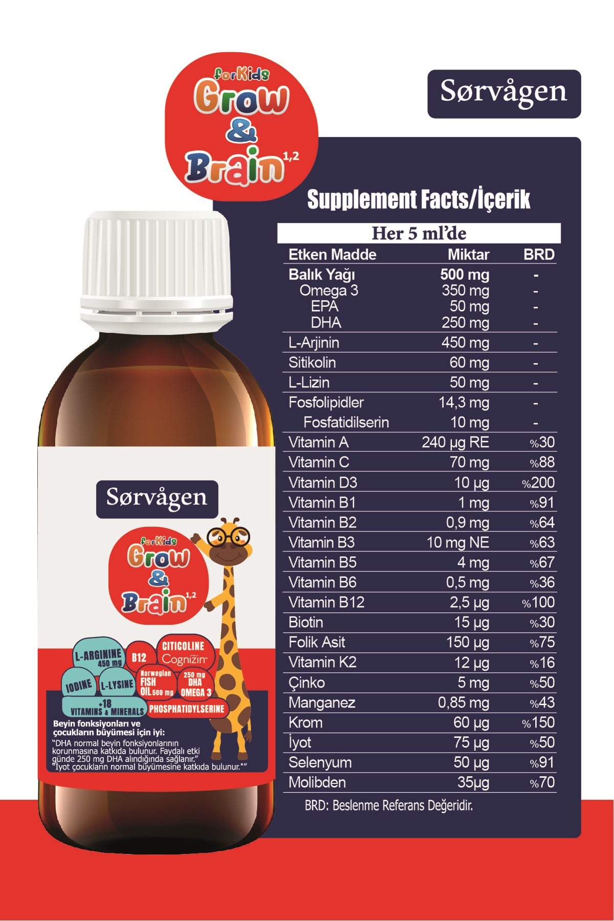 SORVAGENÇOCUKLAR İÇİN BESİN TAKVİYELERİSorvagen Grow Brain For Kids Sıvı 150 ml